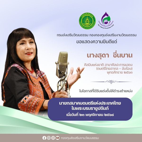 นางสุดา ชื่นบาน ได้รับแต่งตั้งให้ดำรงตำแหน่งนายกสมาคมดนตรีแห่งประเทศไทย ในพระบรมราชูปถัมภ์