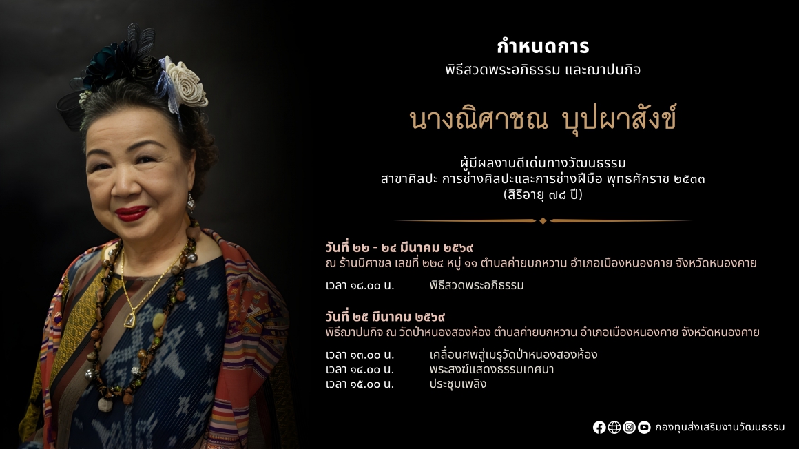 นางณิศาชณ บุปผาสังข์ ผู้มีผลงานดีเด่นทางวัฒนธรรม ถึงแก่กรรม