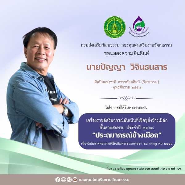 นายปัญญา วิจินธนสาร ศิลปินแห่งชาติ ได้รับพระราชทานเครื่องราชอิสริยาภรณ์ “ประถมาภรณ์ช้างเผือก” ประจำปี ๒๕๖๘